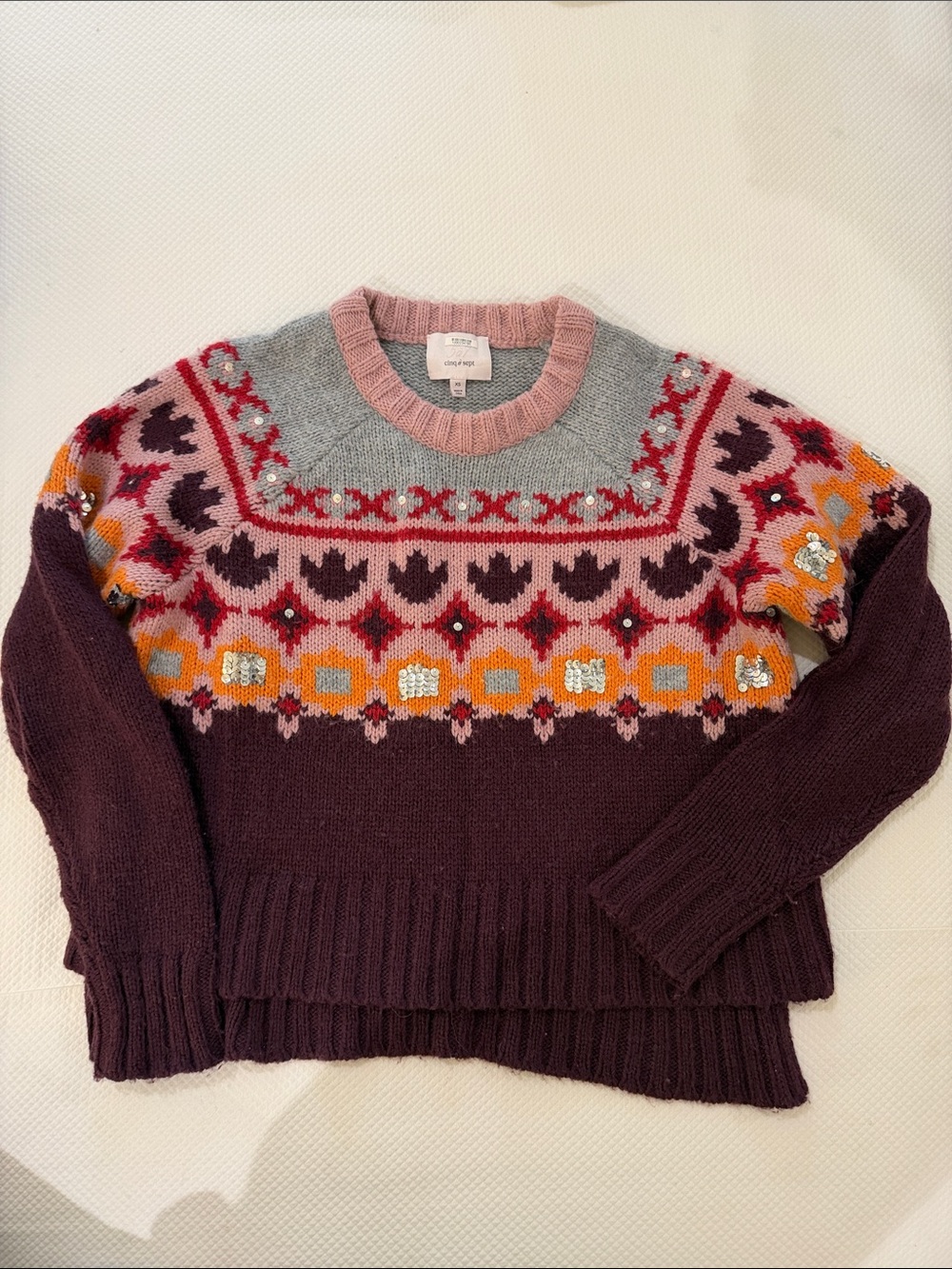 cinq a sept Multicolor Fair Isle Crew Sweater - Plum, Pink & Gray